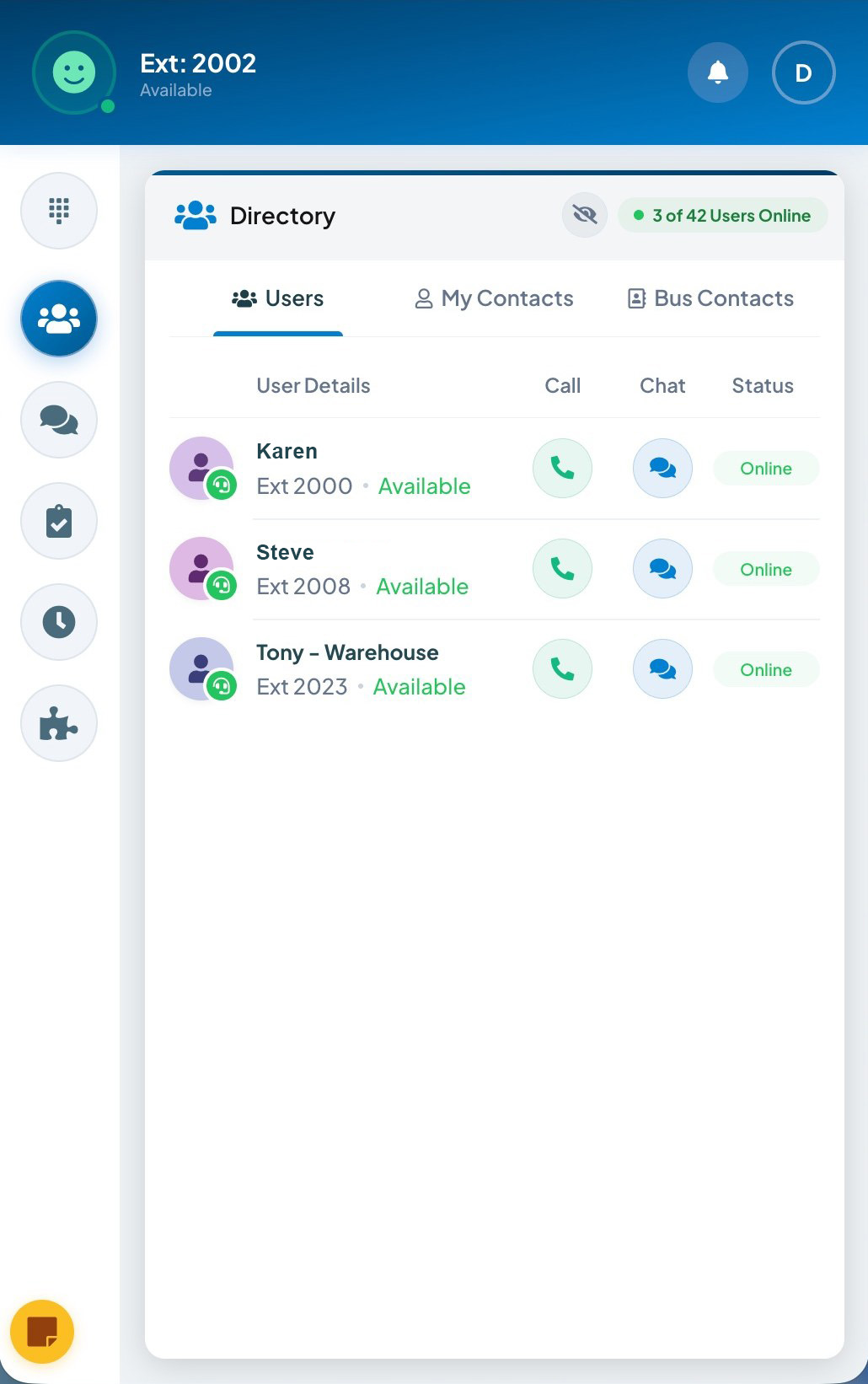 X-Web compact popup showing the team directory with online status and call and chat buttons